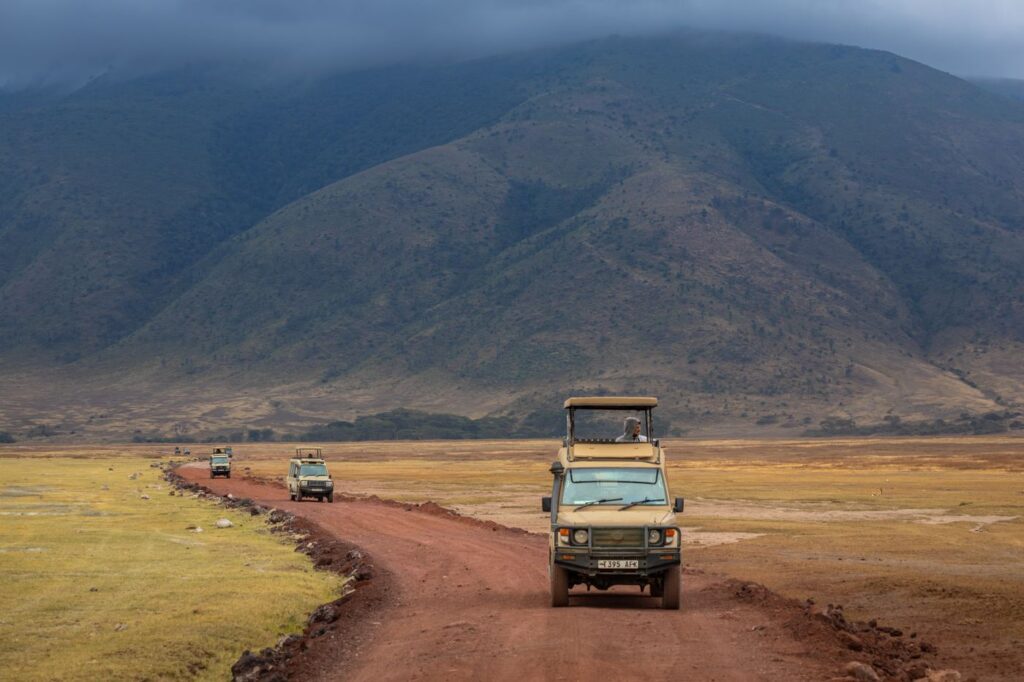 Safari jeeps in Ngorongoro Crater