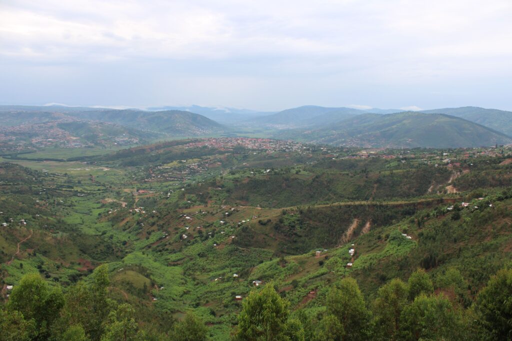 Aerial view of green hills around Kigali Rwanda