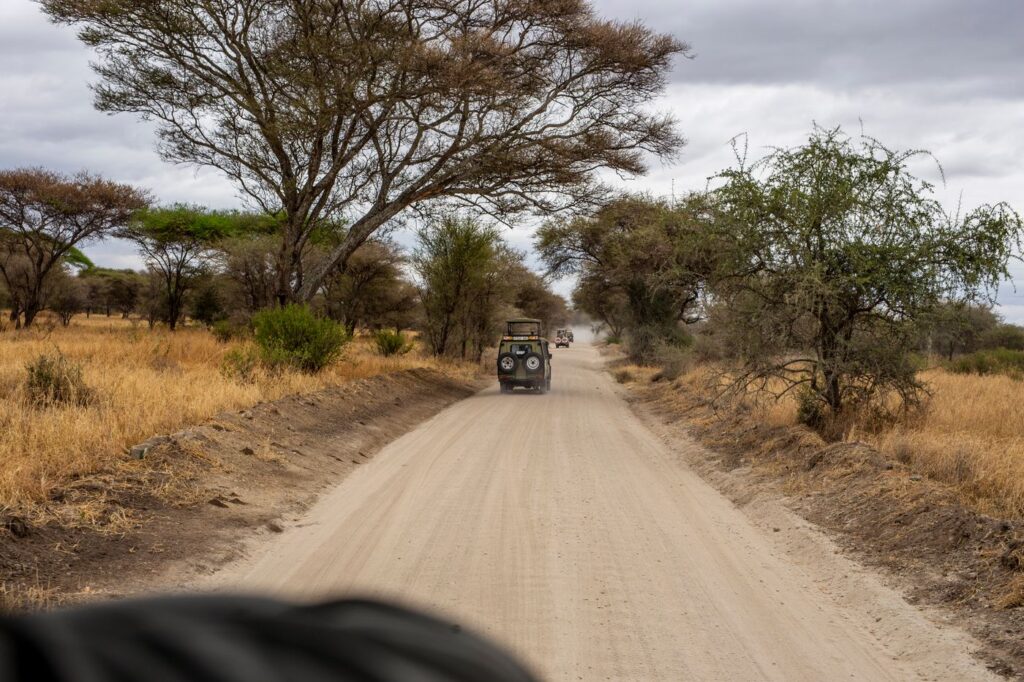 Safari jeep on dusty savannah road