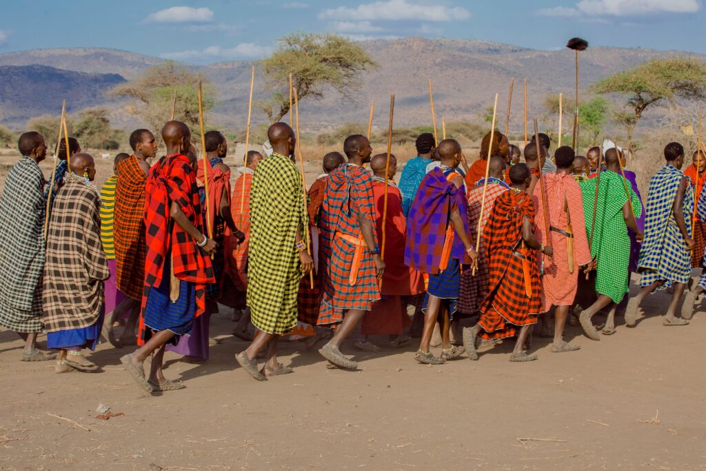 Maasai community in traditional attire in Tanzania
