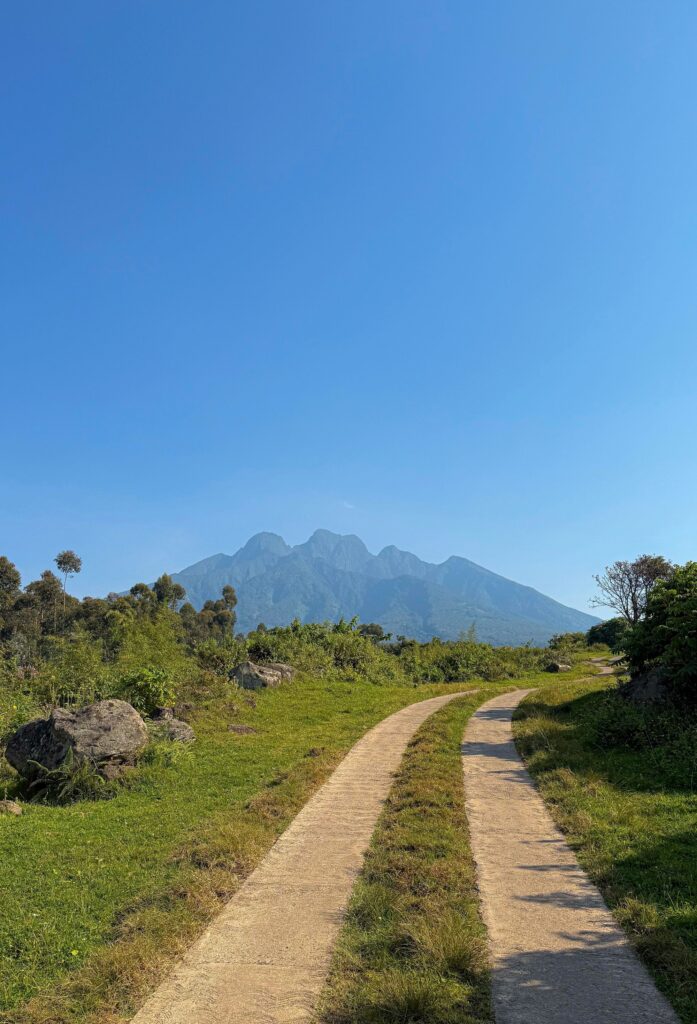 Mount Bisoke volcano landscape under clear skies, Volcanoes National Park Rwanda