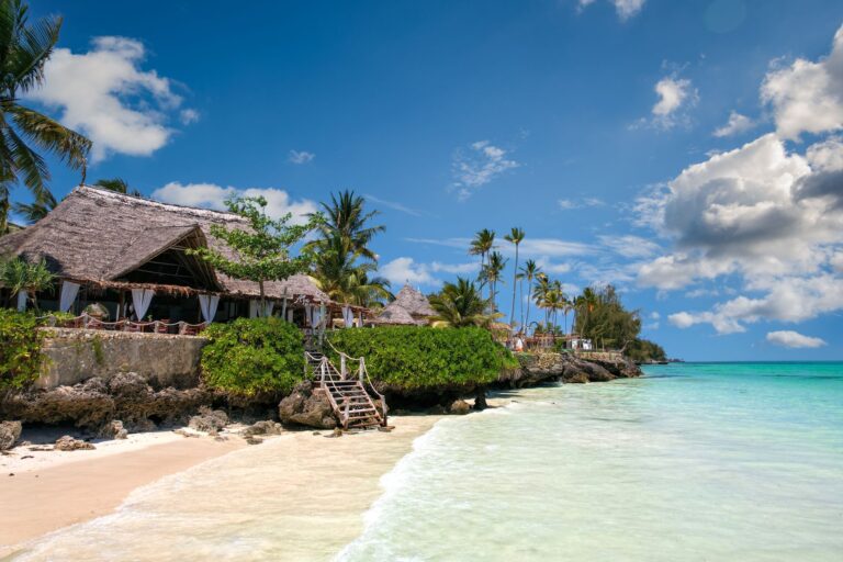 Beachfront scene in Zanzibar with palm trees and turquoise Indian Ocean